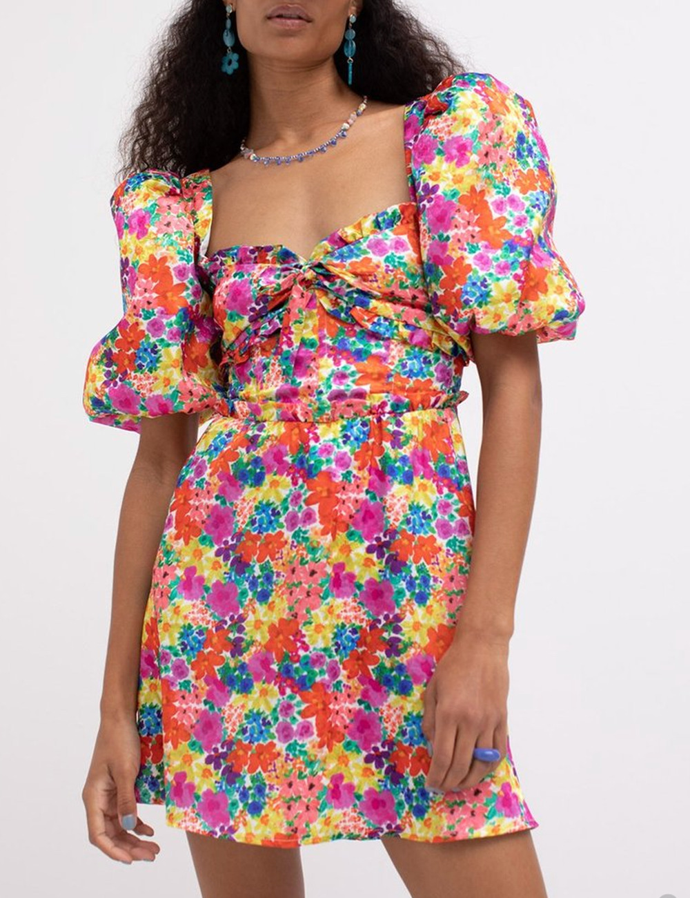 NEW FOR LOVE & LEMONS FLORAL MERRILL PUFF SLEEVE MINI DRESS SZ S